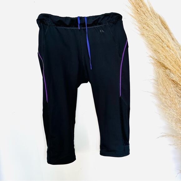 H&M SPORT Black Purple Stripe Mesh Inset Tie Cropped High Rise Gym Leggings M - Picture 3 of 15